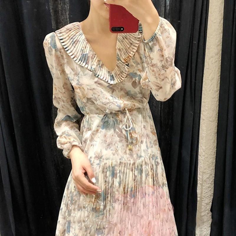 Print Puff Long Sleeve Lace Up High Waist Pleated Midi Dress