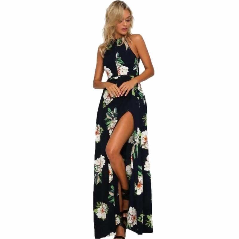 Printed Floral Halter Chiffon Backless Summer Maxi Dress