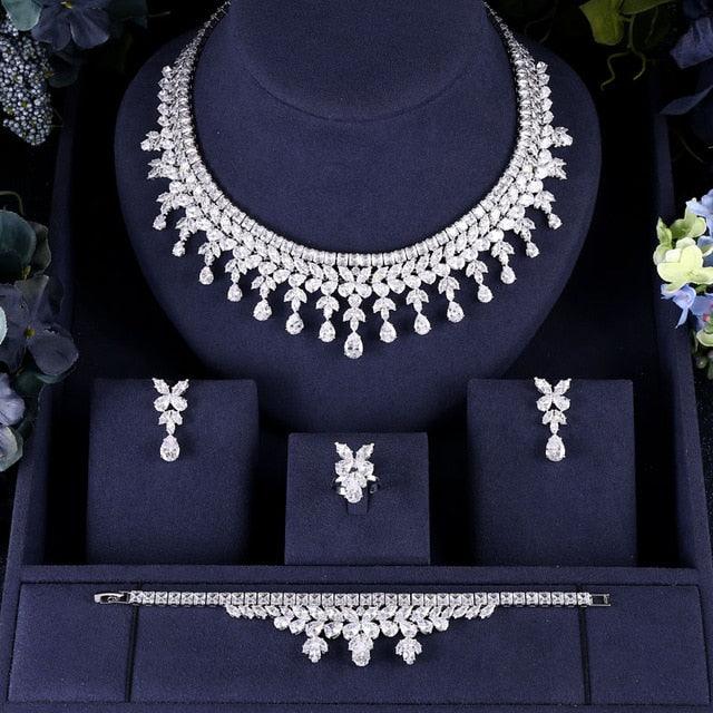 Luxury Cubic Zirconia Necklace Bracelet Earrings and Ring 4Jewelry Set