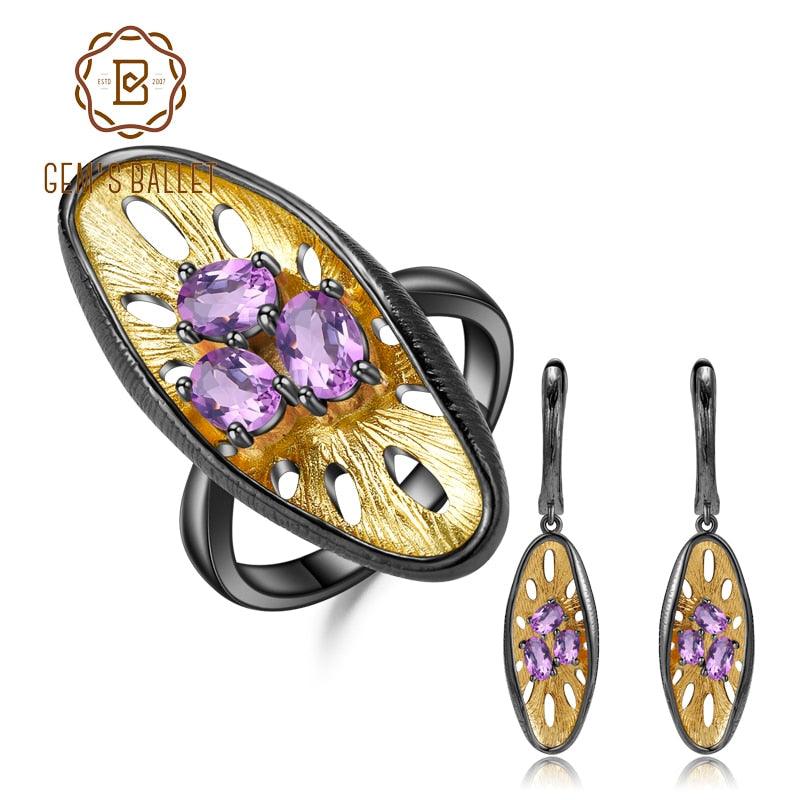 Honeycomb Ring Earrings  Natural Amethyst Jewelry Sets