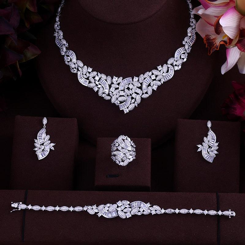 Elegant Bridal CZ Necklace Earrings Bracelet Ring Wedding Jewelry Set