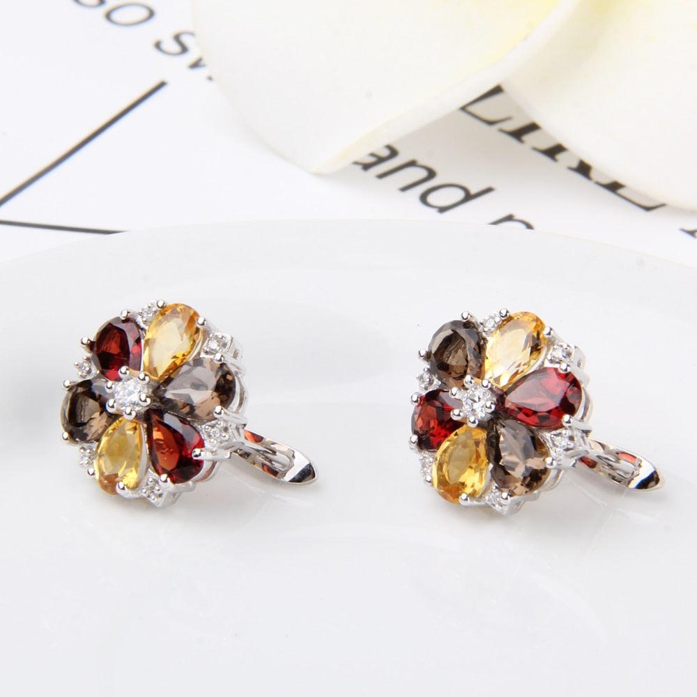 Garnet Smoky Quartz Citrine Flower Earrings Ring Set