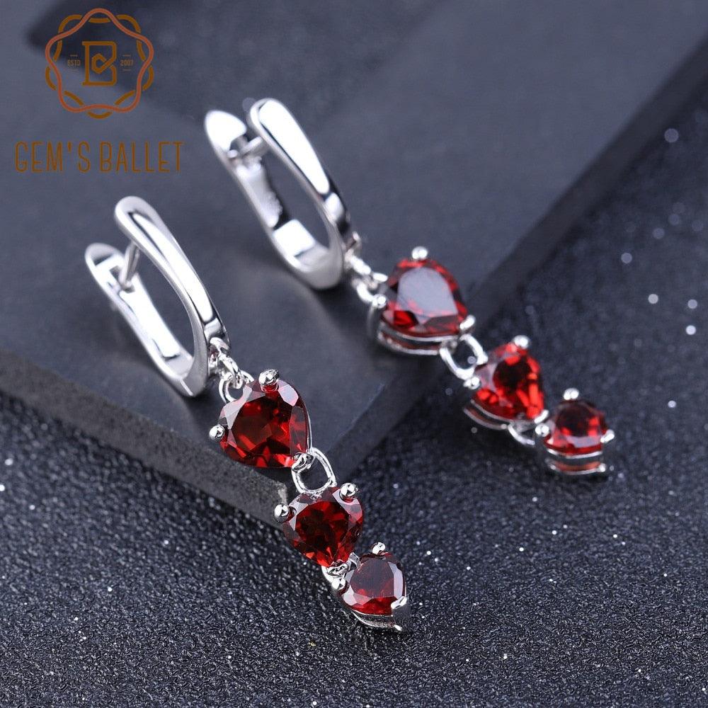 Three Heart Natural Garnet Gemstone Drop Earrings