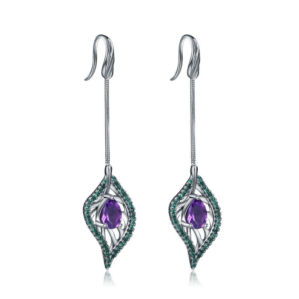 Vintage Natural Amethyst Nano Emerald-Green Leaf Shape Earrings