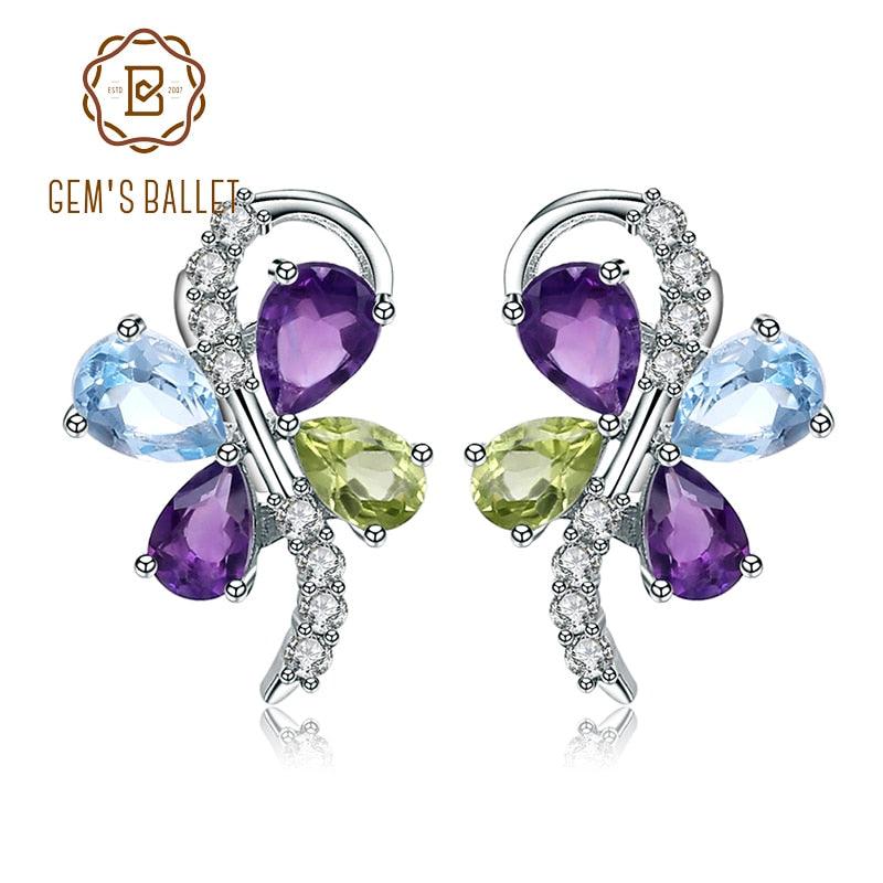 Sky Blue Topaz Amethyst Peridot Mix Gemstone 925 sterling silver Clip Earrings