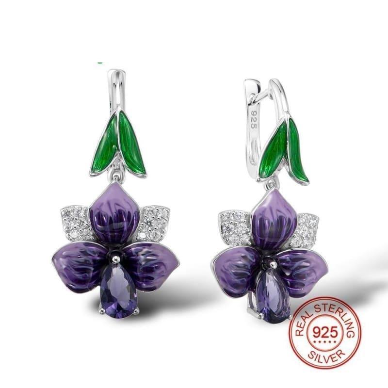 Purple and Green Silver Dangle Earrings Long Silver 925 Cubic Zirconia  Earrings