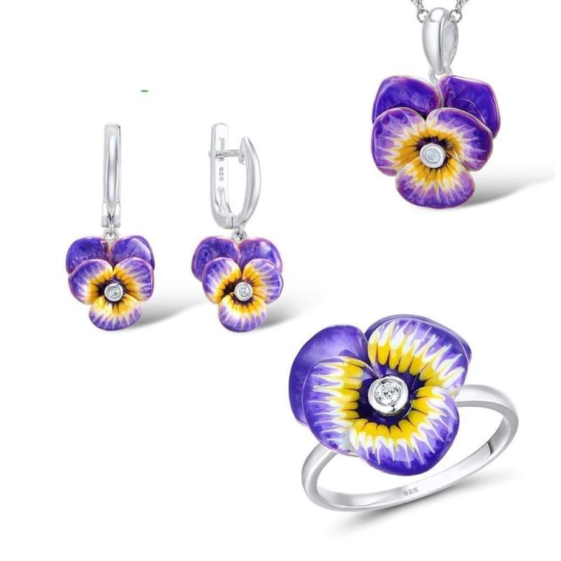 Purple and Yellow Flower CZ Stone Ring Earrings Pendent Necklace 925 Sterling Silver Women Jewelry Set