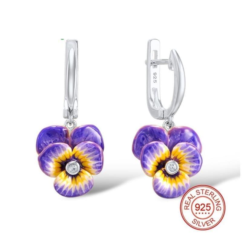 Purple and Yellow Flower CZ Stone Ring Earrings Pendent Necklace 925 Sterling Silver Women Jewelry Set