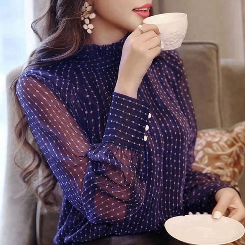 Purple See Through Embroidery Stripped Button Lantern Sleeve Top