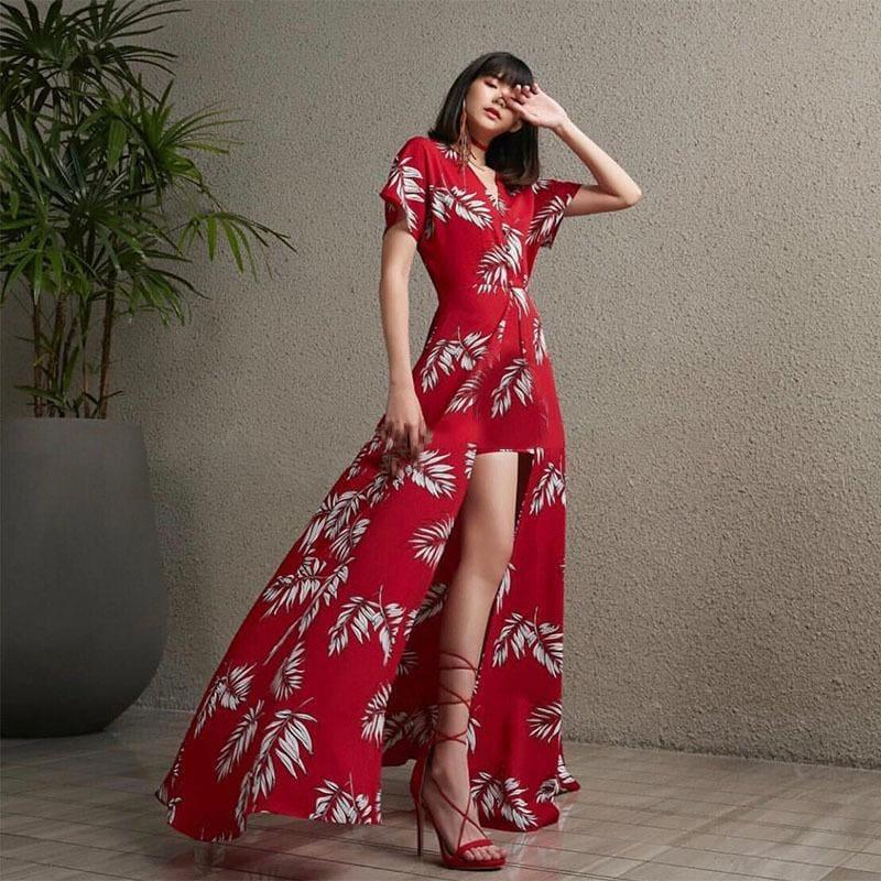 Red Flower Print V Neck Short Sleeve High Waist Side Split Sexy Summer Maxi Dress