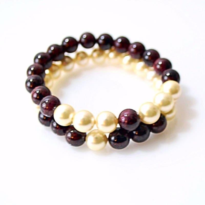 Red Garnett and Cream Shell Pearls Double Strands Bracelets