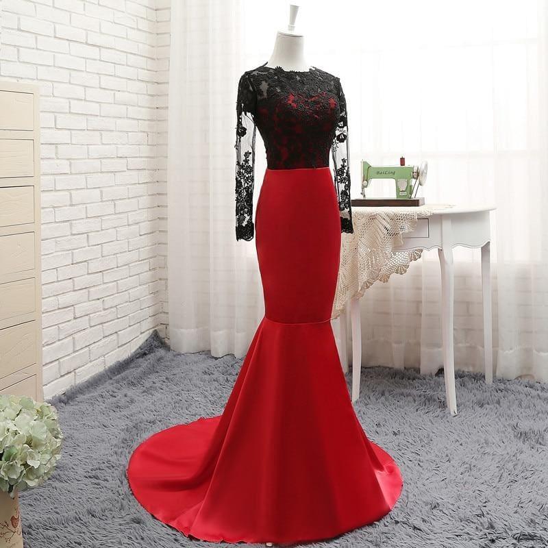 Red Satin With Black Lace Long Sleeve Evening Dress