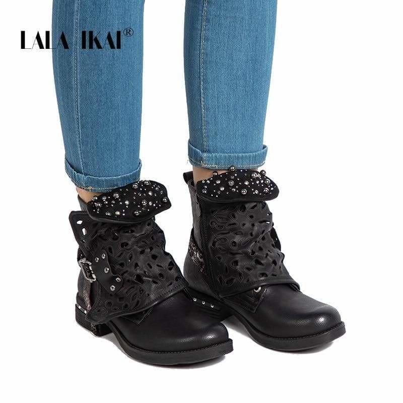 Rhinestone Winter Boots Zipper Rivet Buckle Lace-up Ankle Western Boots