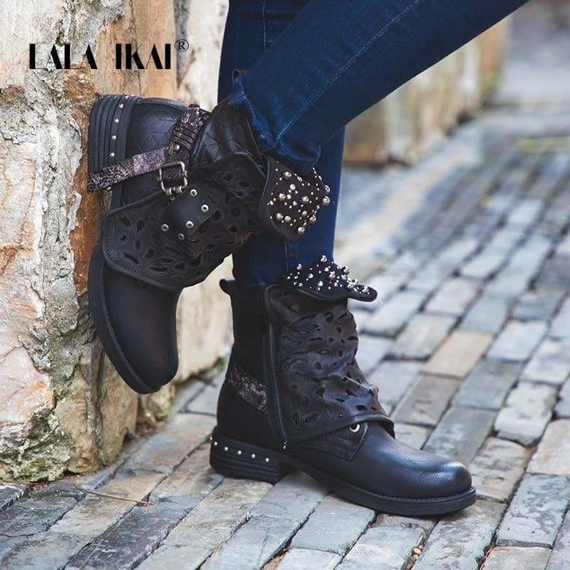 Rhinestone Winter Boots Zipper Rivet Buckle Lace-up Ankle Western Boots