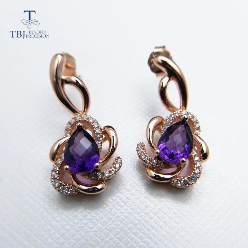 Romantic Design Natural Amethyst Gemstone Ring and Earring  Jewelry Set