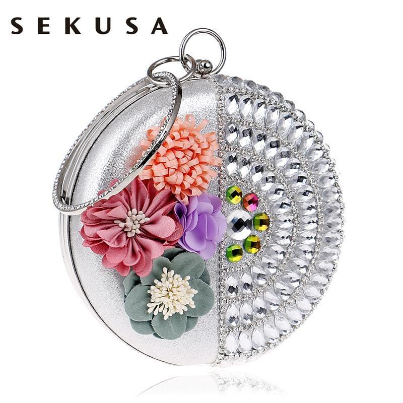 Round Women Rhinestones Beaded  Clutch Flower Diamonds Lady Evening Bag