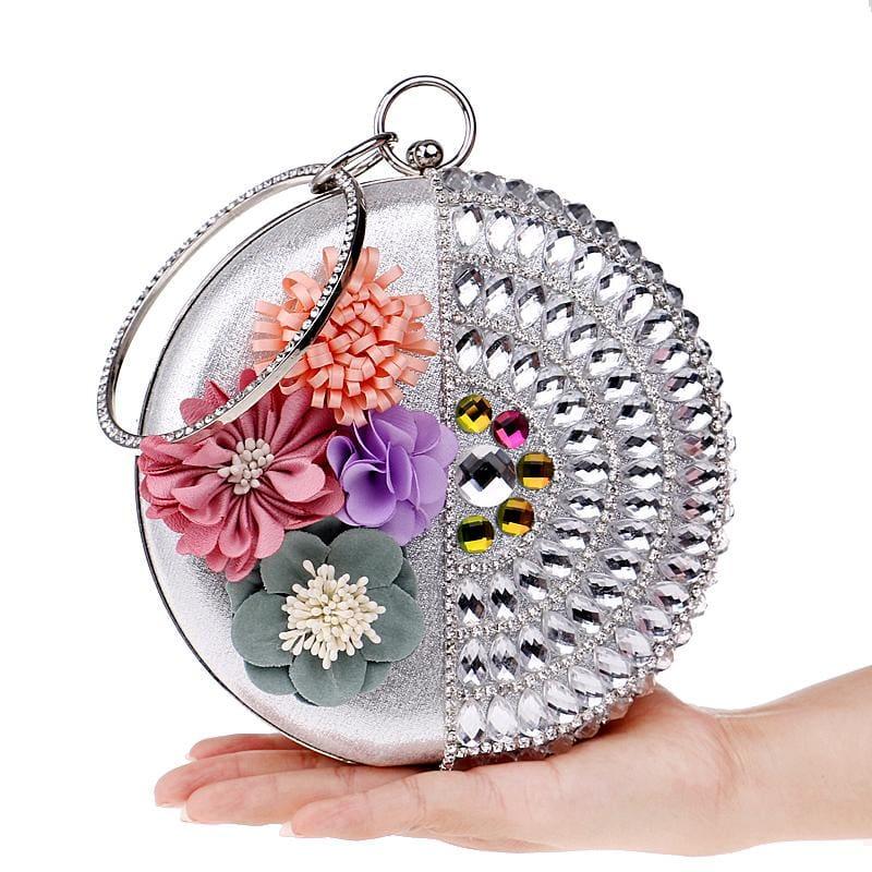 Round Women Rhinestones Beaded  Clutch Flower Diamonds Lady Evening Bag