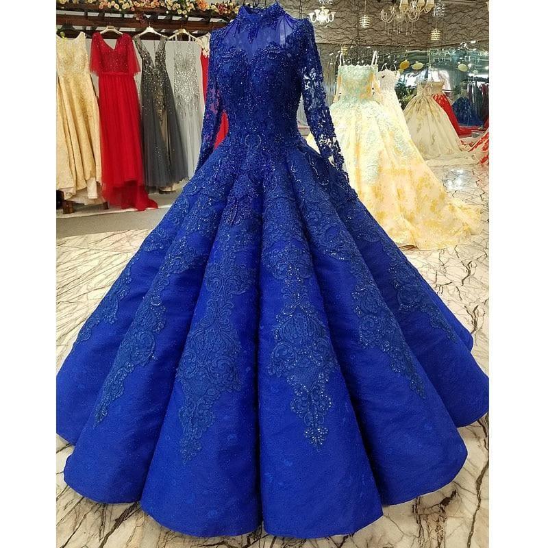 Royal Blue Floor Length Beaded Appliques Ball Gown Party Formal Dress