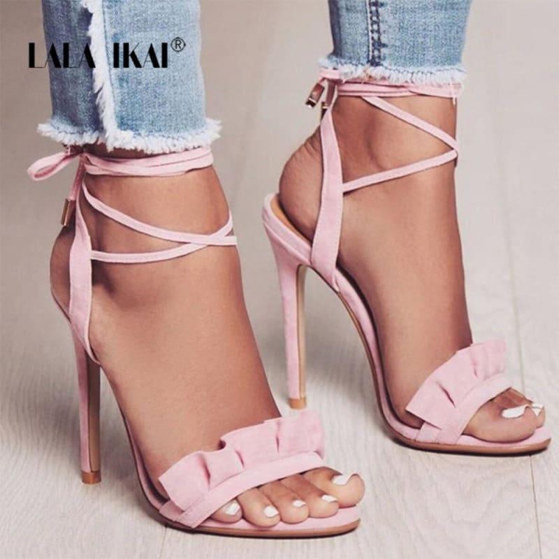 Ruffle Cross Ankle Strap High Heels Sandals