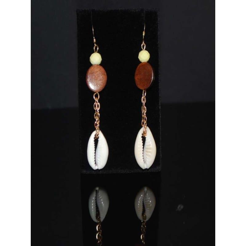 Sea Shell Cowrie and Wood Boho Women's Earrings