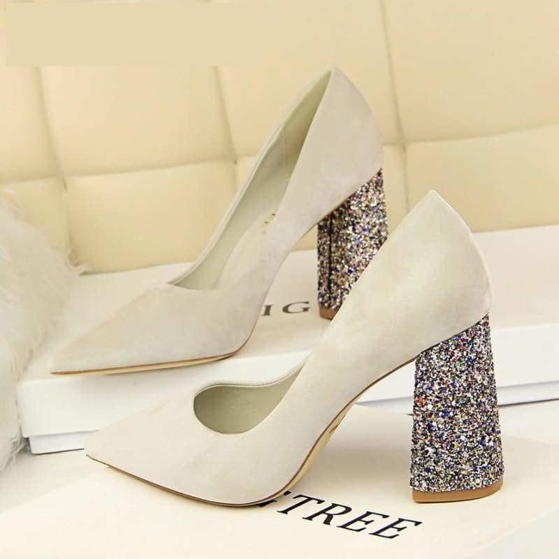 Sequined Square Heels Solid Flock Shallow Pumps