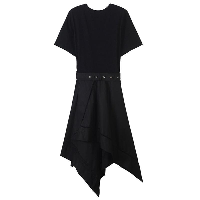 Short Sleeve O neck With Belt Slim Black Asymmetrical  Midi Dress