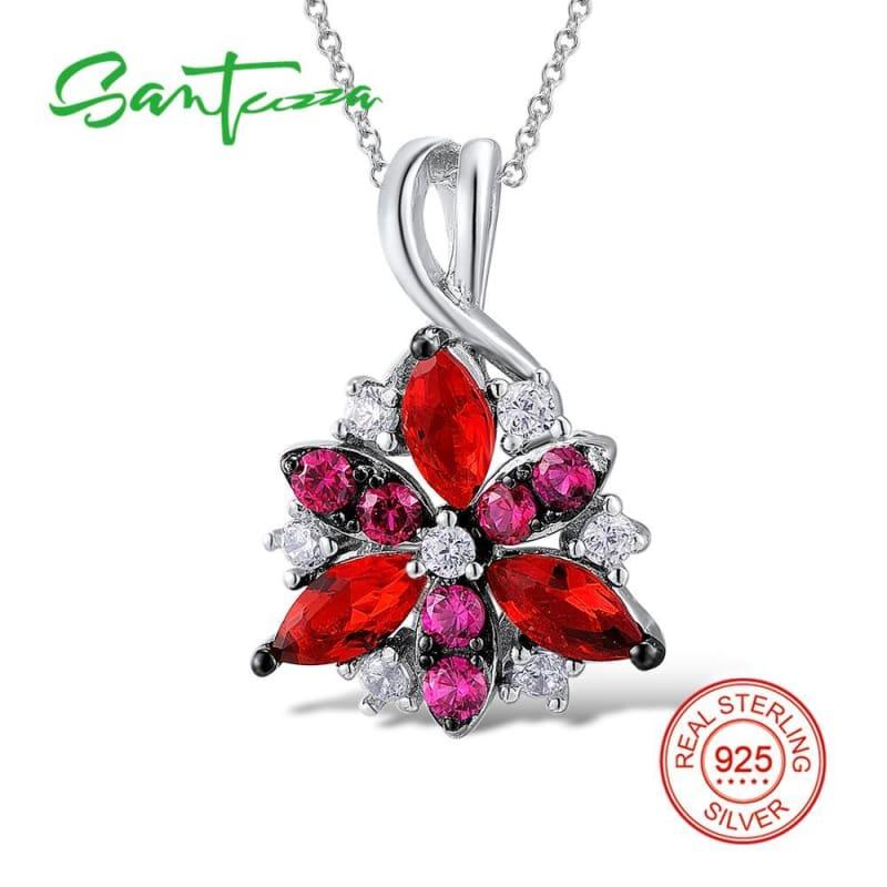 Silver Flower Red Cubic Zirconia Stones Ring Earrings Pendant Jewelry Set