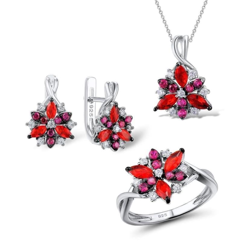 Silver Flower Red Cubic Zirconia Stones Ring Earrings Pendant Jewelry Set