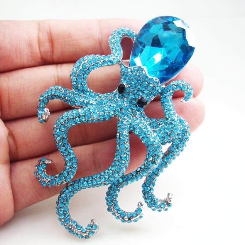 Silver Tone Unique Blue Octopus Pendant Brooch Pins Rhinestone Crystal Animal Very beautiful unique girl