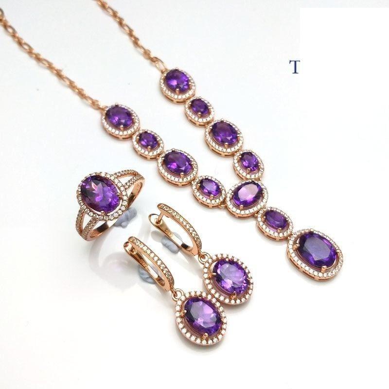 Simple Classic  Amethyst Gemstone Necklace Ring Earring  Jewelry Set