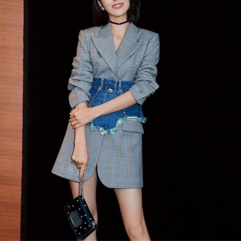 Singe Button Plaid With Denim Wide Belt Long Sleeve Slim Tunic High Waist  Streetwear Blazer