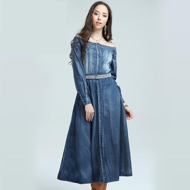 Slash Neck A-line Single Breasted Embroidery Belt Denim Dress