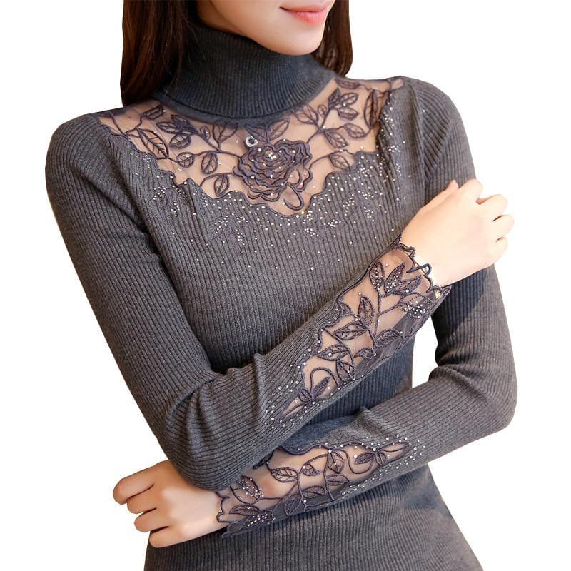 Solid Turtleneck Lace Knitted Pullovers Winter Fashion Sweater