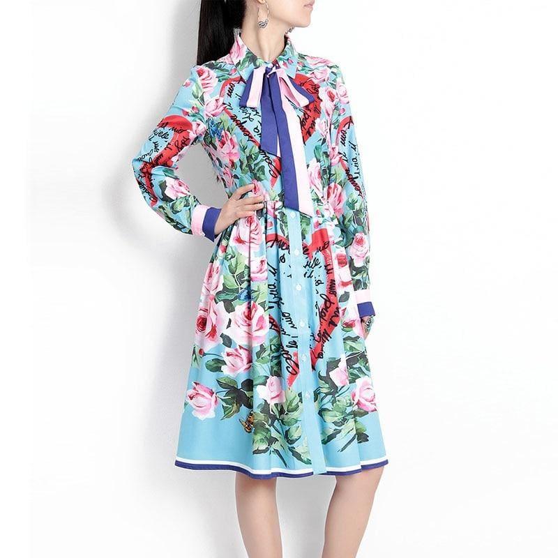 Spring Ribbon Rose Letter Heart Floral Print Casual Elegant Midi Dress