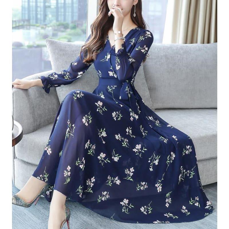 Spring Style Elegant V Collar Long  Sleeve Flower Printed Chiffon  MaxiDress