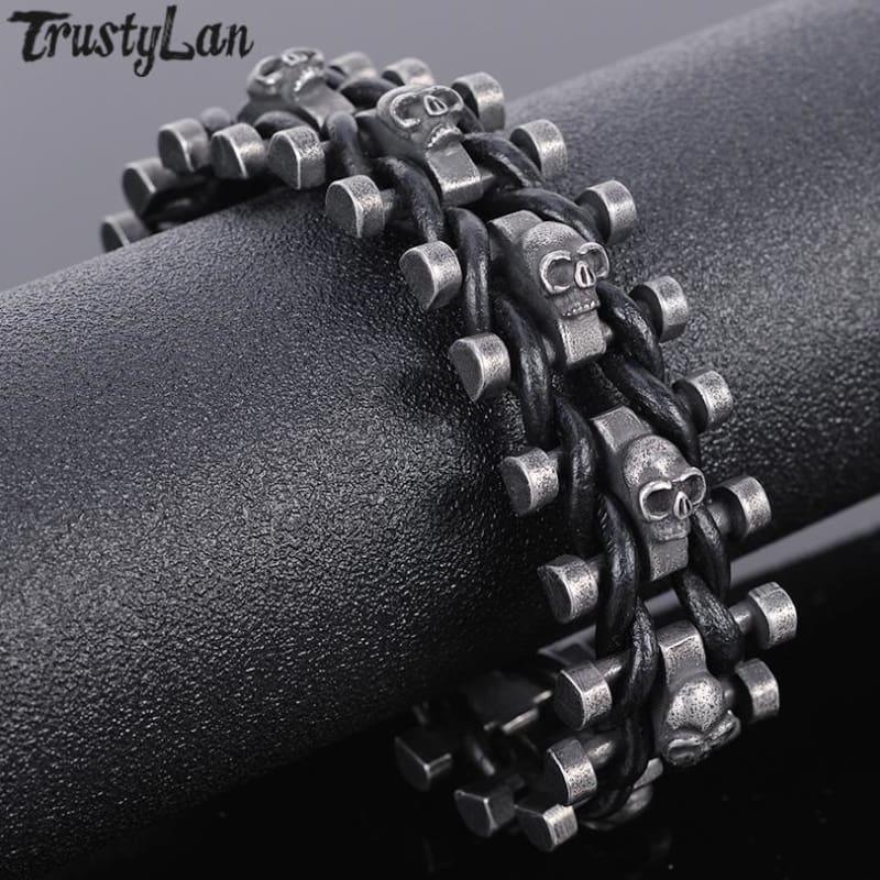 Stainless Steel & Leather Skull Mens Bracelet