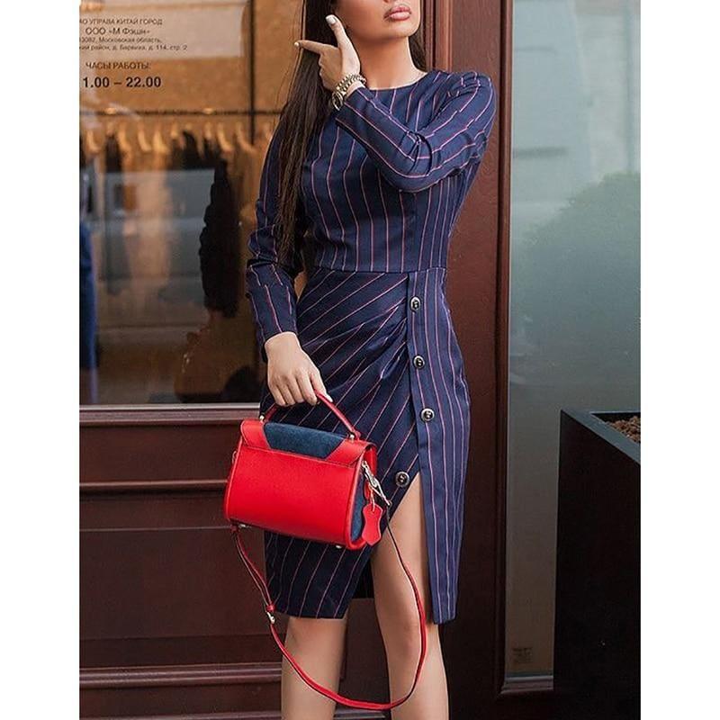 Striped Printed Bodycon Side Slit Button Long Sleeve Elegant Office Wear Knee Length