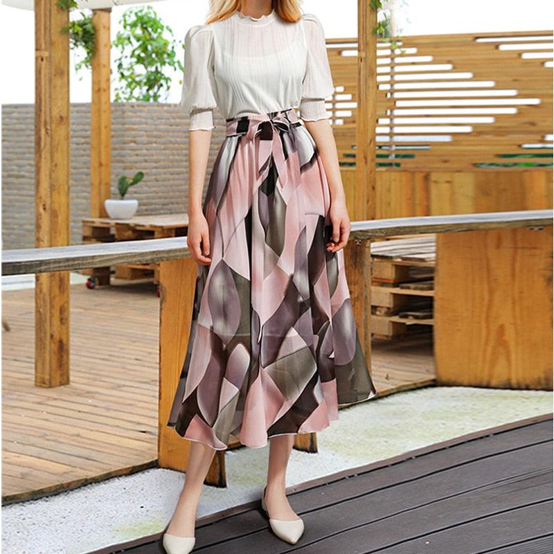 Floral A-Line Mid-calf Summer Chiffon Skirts