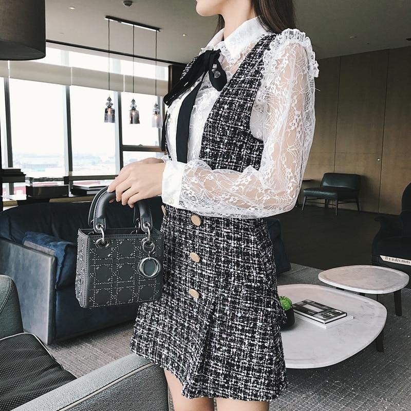 Tweed Vest Dress Double Breasted Overalls 2 Piece Set Ruffles Bow Shirt Lace Top+Plaid Streetwear