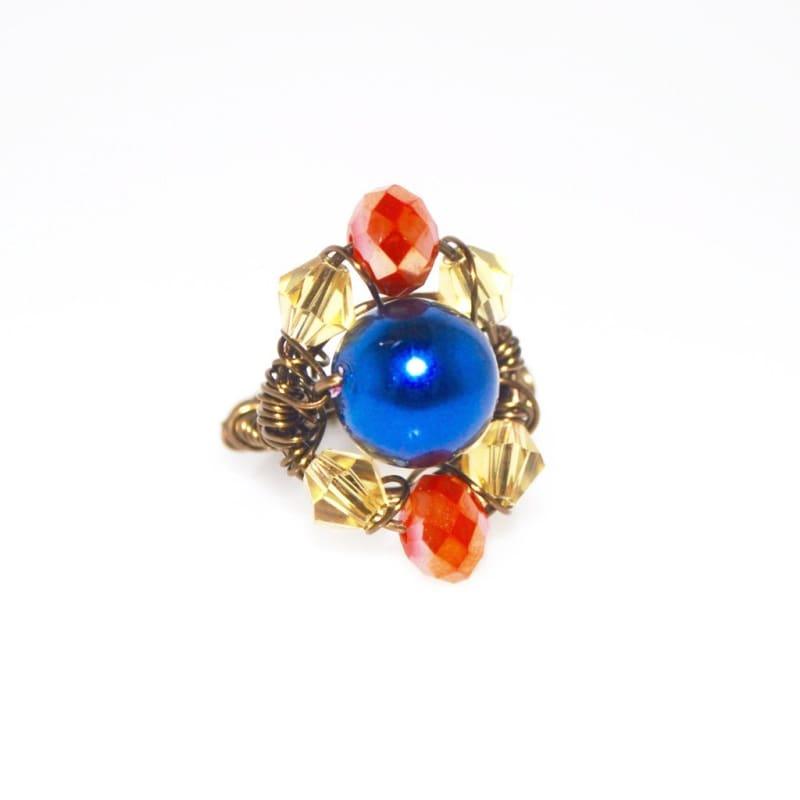 Two beads blue and red bronze wire ring