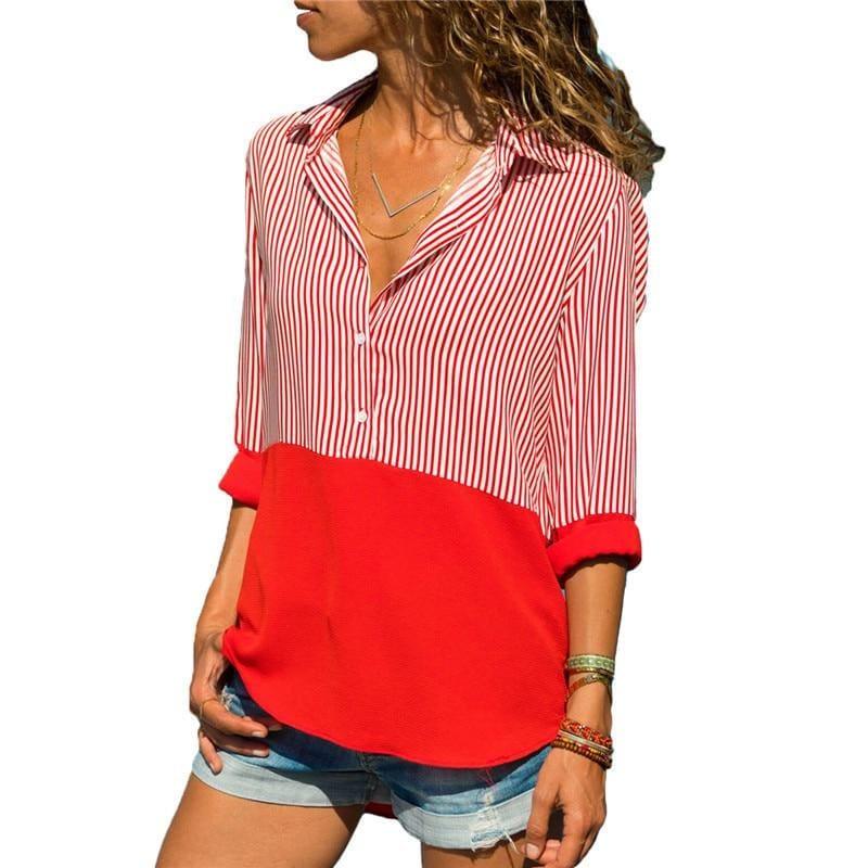 Two Toned Striped Long Sleeve Turn Down Collar Blouse