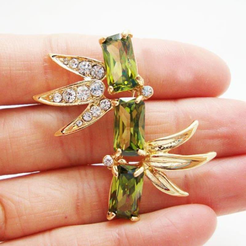 Unique Bamboo Men's Art Nouveau Little Brooch Pin Green Rhinestone Crystal