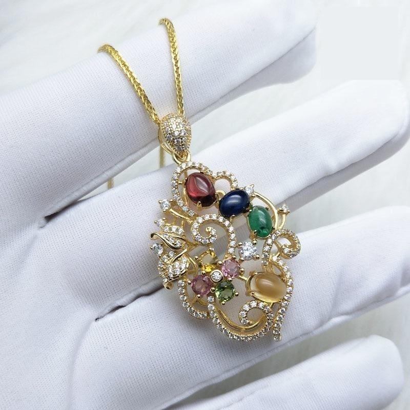 Unique Flower Pendant with Natural Tourmaline and Emerald Sapphire Garnet Citrine Necklace