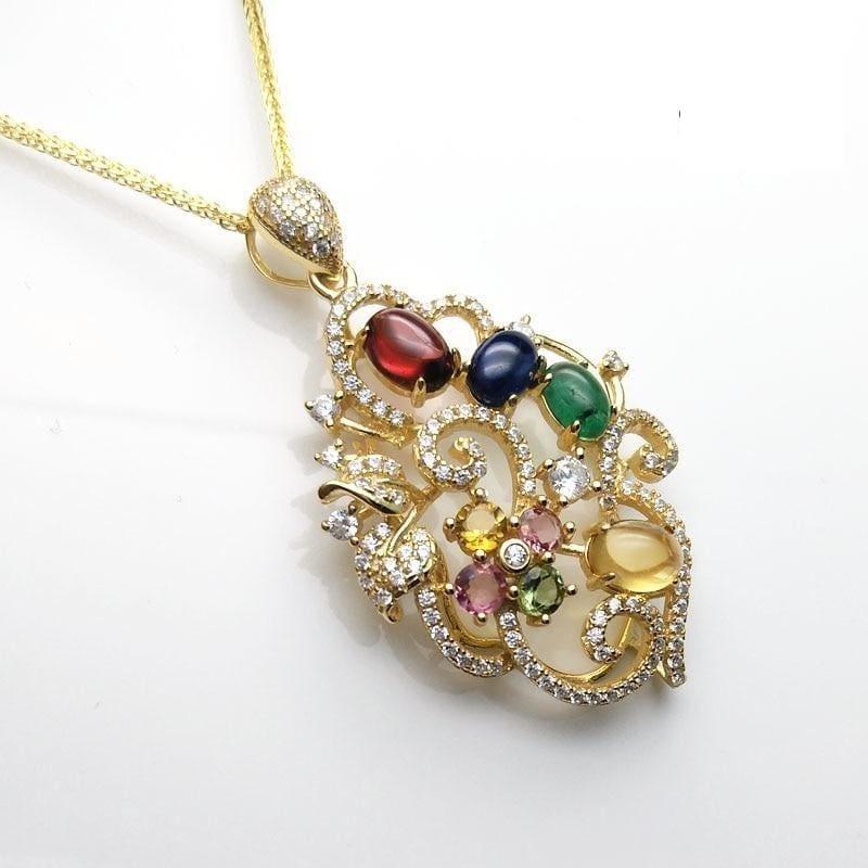 Unique Flower Pendant with Natural Tourmaline and Emerald Sapphire Garnet Citrine Necklace