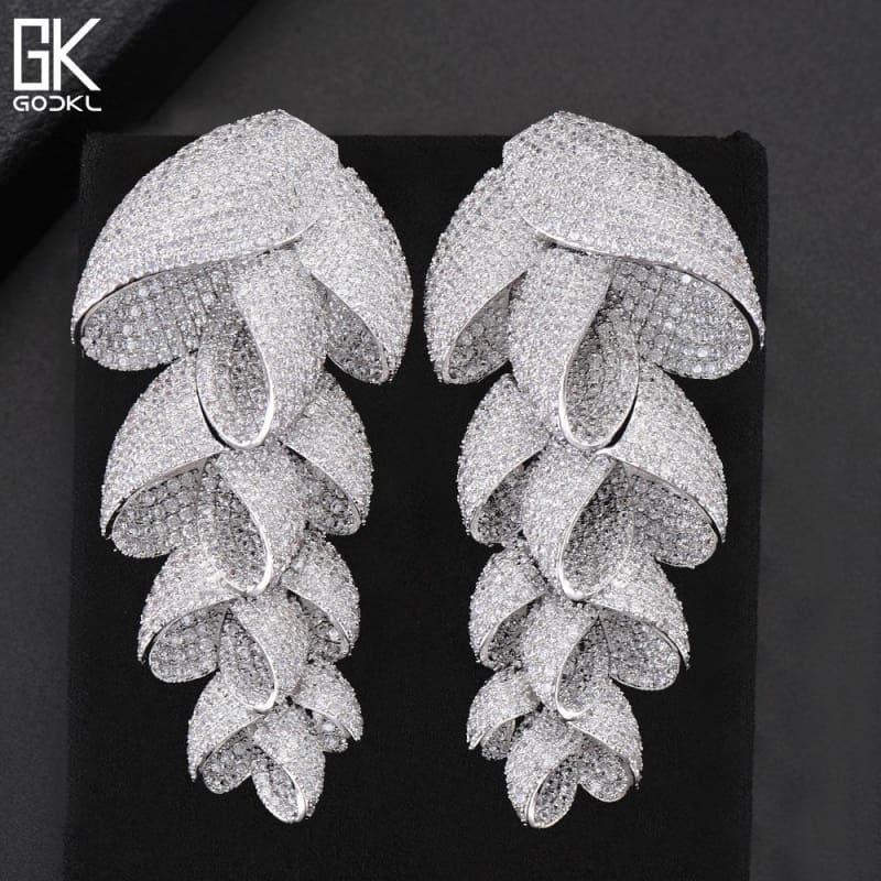 Unique Luxury Feather Leaf Long Dangle  Zircon Crystal Dubai Silver Earrings