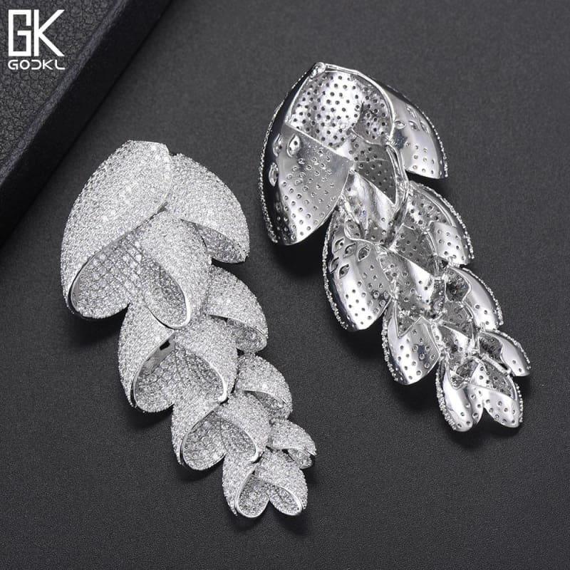 Unique Luxury Feather Leaf Long Dangle  Zircon Crystal Dubai Silver Earrings