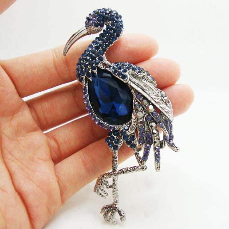 Vintage Blue Flamingos Silver-plated Brooch Pin Rhinestone Crystal Bird Pendant