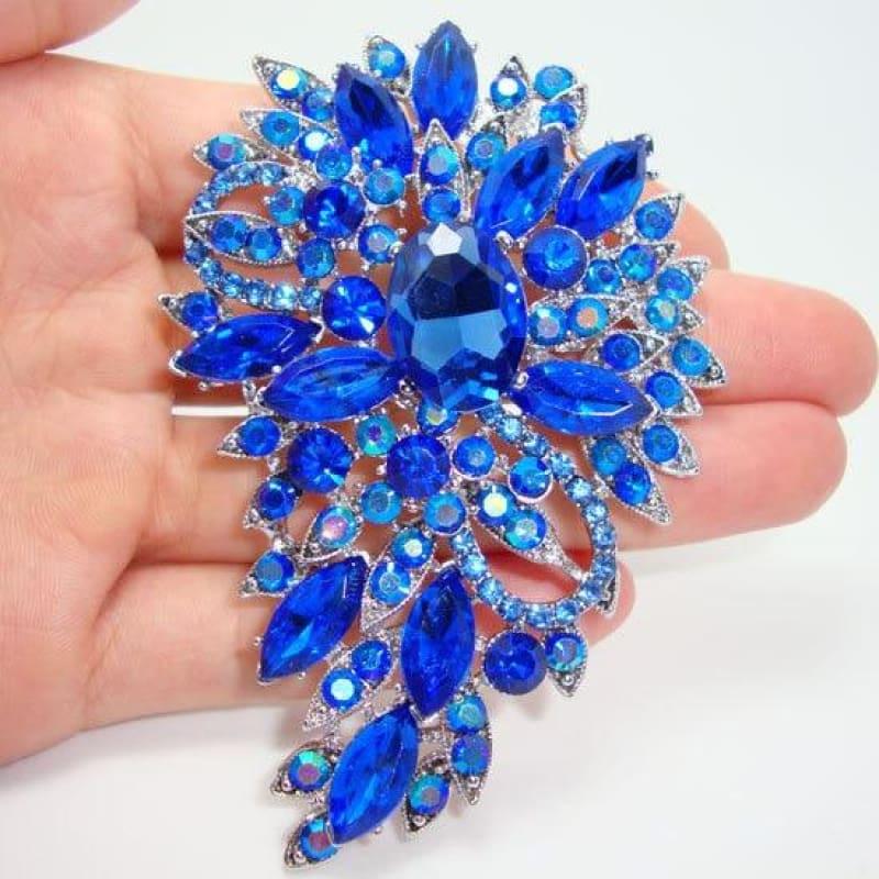 Vintage Style Flower Oval Brooch Pin Rhinestone Crystal Blue Pendant