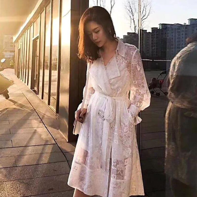 White Embroidery Lace High Waist Long Sleeve Dress