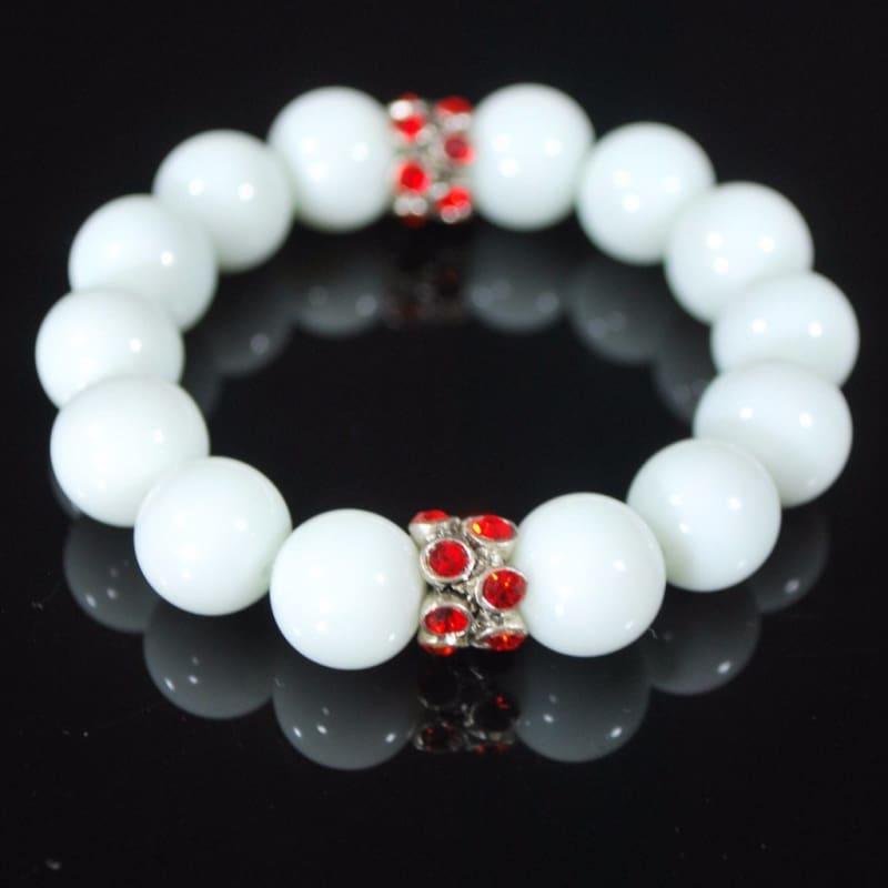 White Jade Gemstone With Red Rhinestone Stretch Bracelets